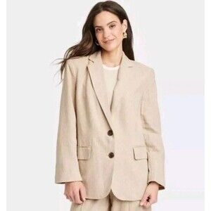 A New Day Linen Blend Blazer Womens Size Small Beige Lined Oversized Office 2023